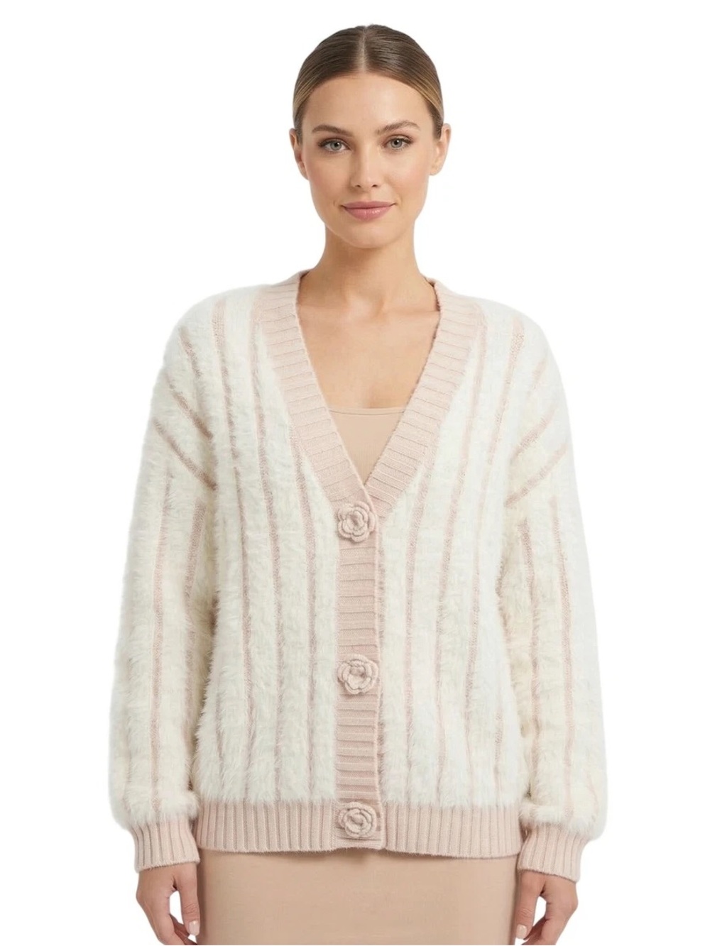 Rain + Rose Blush Stripe Fuzzy Cardigan Sweater